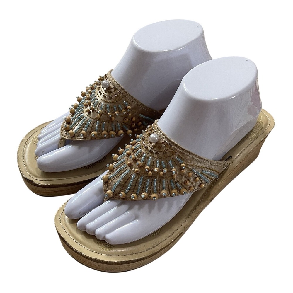 Vtg Skechers Women's Somethin' Else Jaunt Beaded Wedge Thong 7 Sandals Y2K Beach